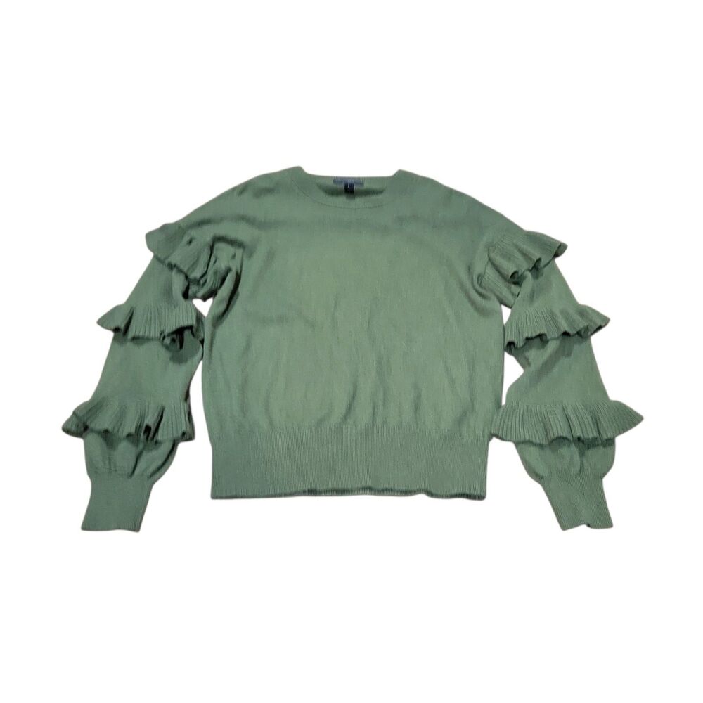 J. Crew Wool Blend Green Olive Ruffle Sleeve Sweater, Size 8 M Office Chic
